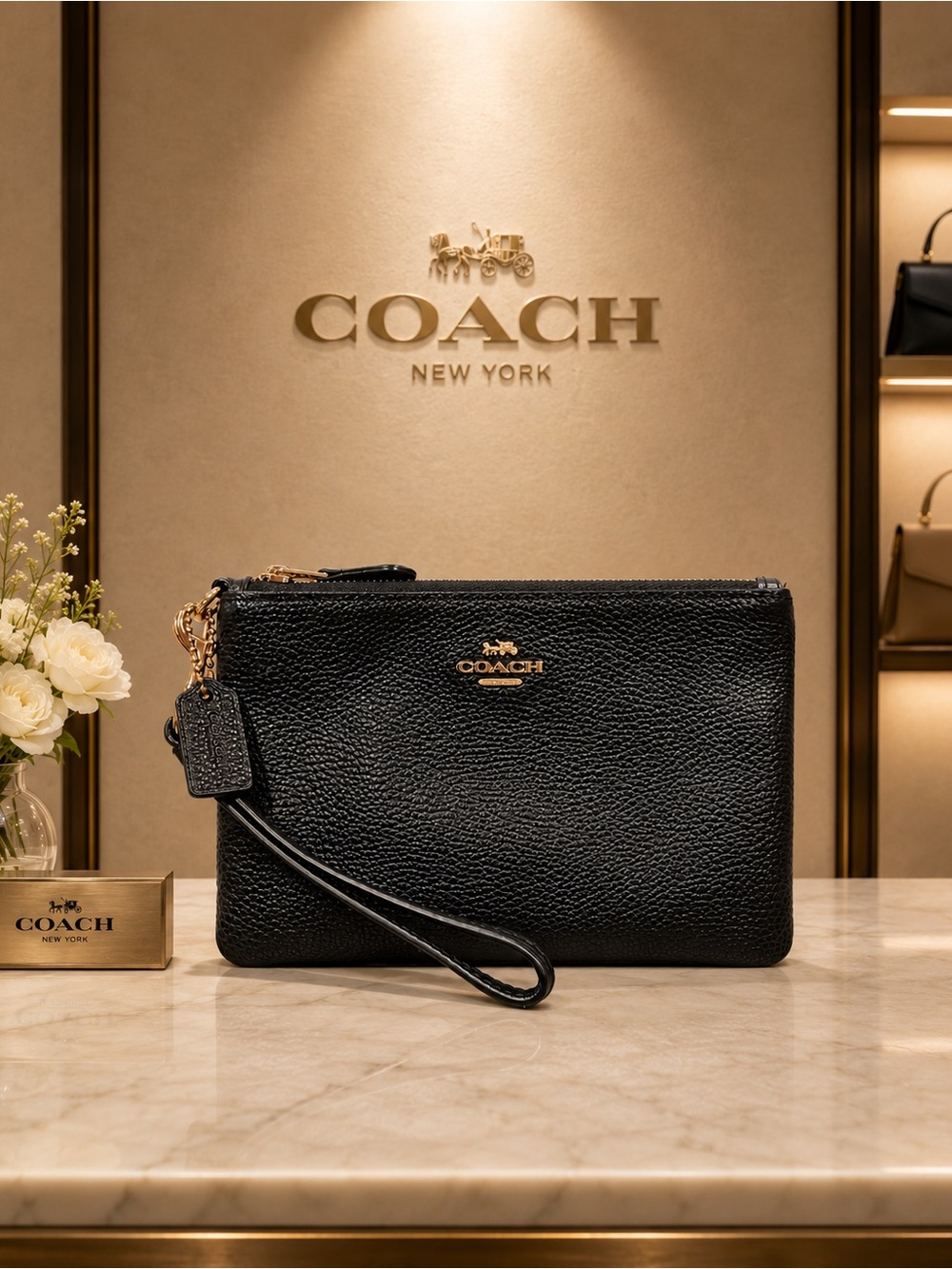 Coach Black Pebbled Leather Wristlet Clutch with Gold Hardware